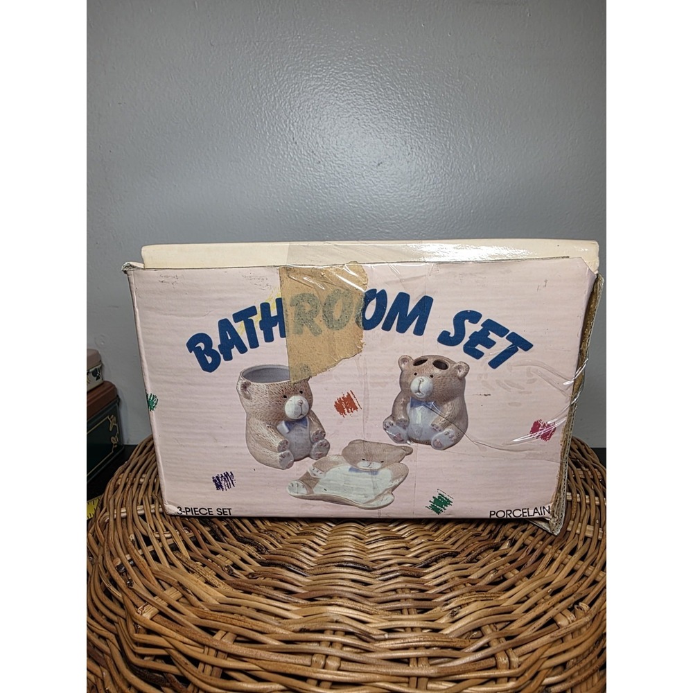 Vintage Porcelain Bear 3 Piece Bathroom Set 1987 Japan